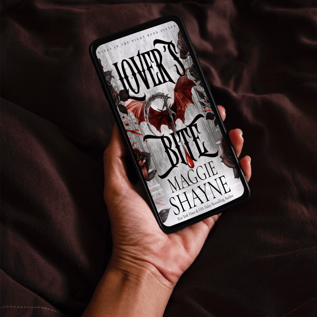 Maggie Shayne's Lover's Bite Lifestyle 3 ebook cover in hand, dark background