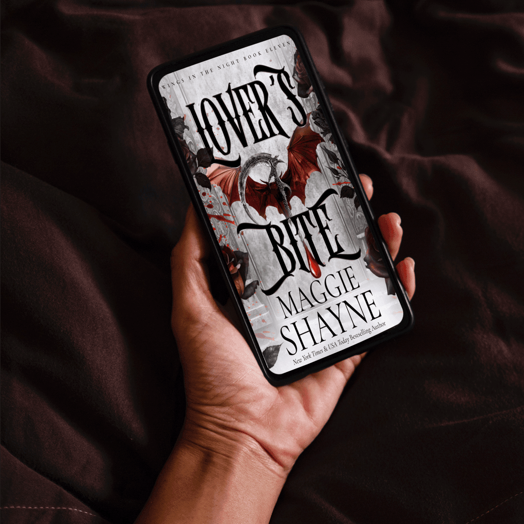 Maggie Shayne's Lover's Bite Lifestyle 3 ebook cover in hand, dark background