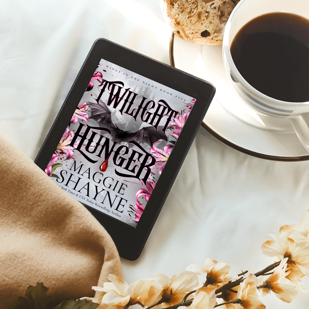 Maggie Shayne's Twilight Hunger Lifestyle 5 on white surface with flowers, and tea cup and scone