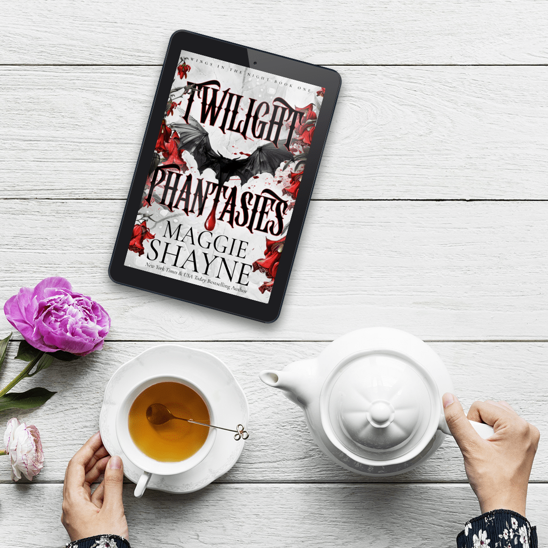 Maggie Shayne's Twilight Phantasies lifestyle 3 on wood table with flower, teapot, teacup