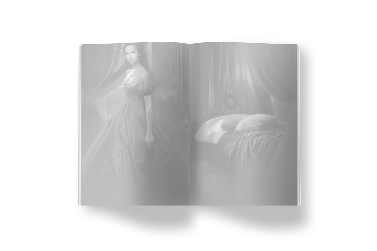 What Happens in Brighton grayscale interior art, book spread open, woman in gown and bed