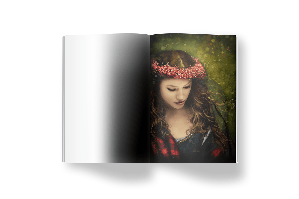 The MacKinnon's Bride by Tanya Anne Crosby internal page art, open spread book with woman in red gown wearing a flower crown