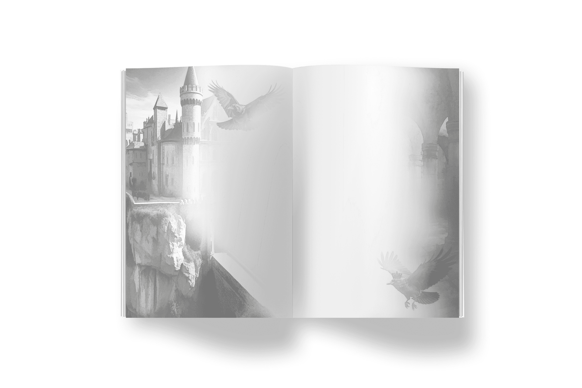 The MacKinnon's Bride, The Queen's Huntsman, The Forgotten Prince by Tanya Anne Crosby internal page art, open spread book with castle and eagle