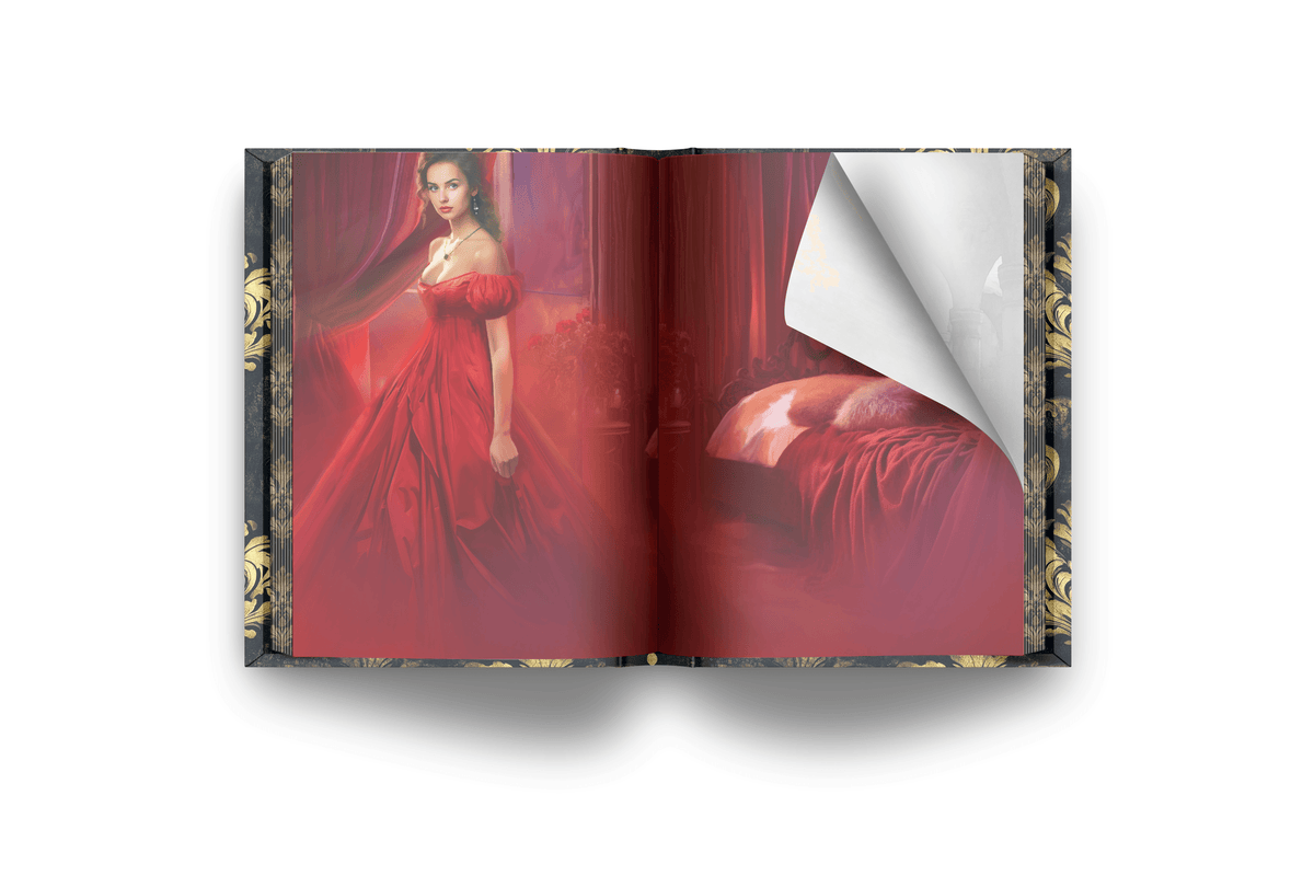 What Happens in Brighton, multi author anthology, interior art, book spread, woman in red gown, right curled page, decorative edging