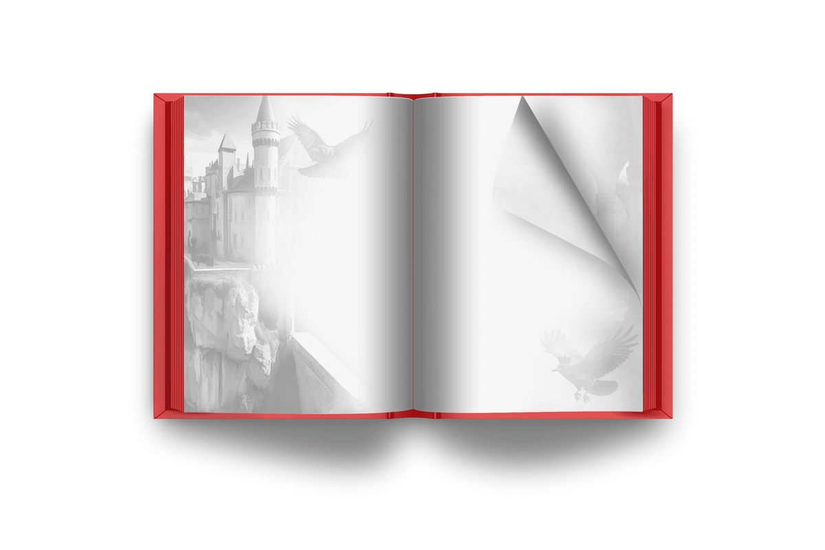 Lion Heart internal page art, open spread book with castle and eagle