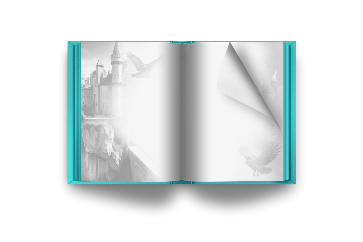 Highland Song, On Bended Knee by Tanya Anne Crosby internal page art, open spread book with castle and eagle