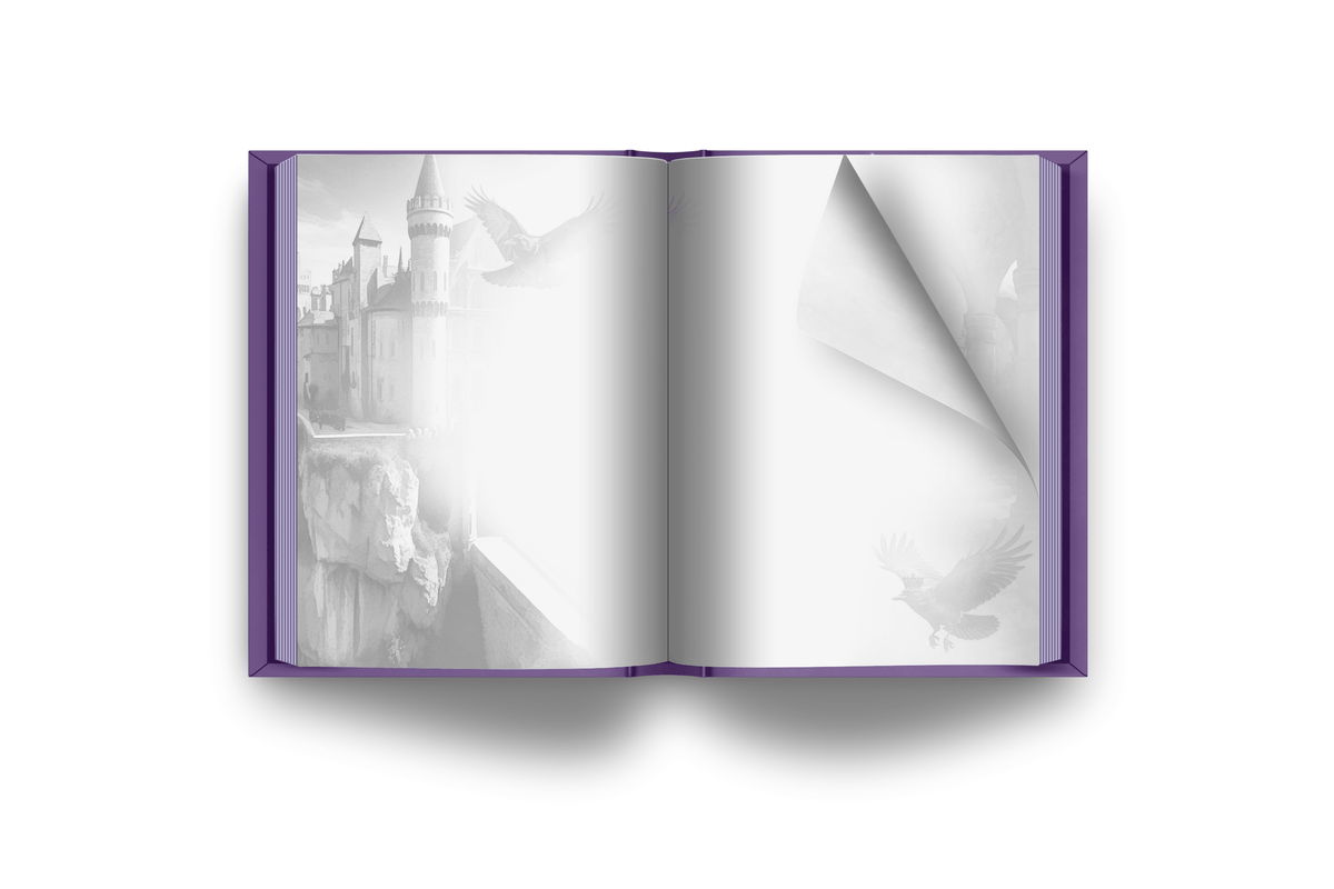 The MacKinnon's Bride internal page art, open spread book with castle and eagle