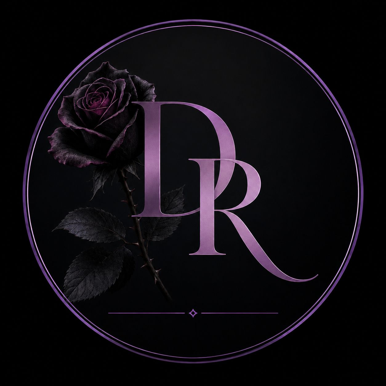 Dark Romance genre icon homepage, purple circle, purple overlapping DR, dark purple rose