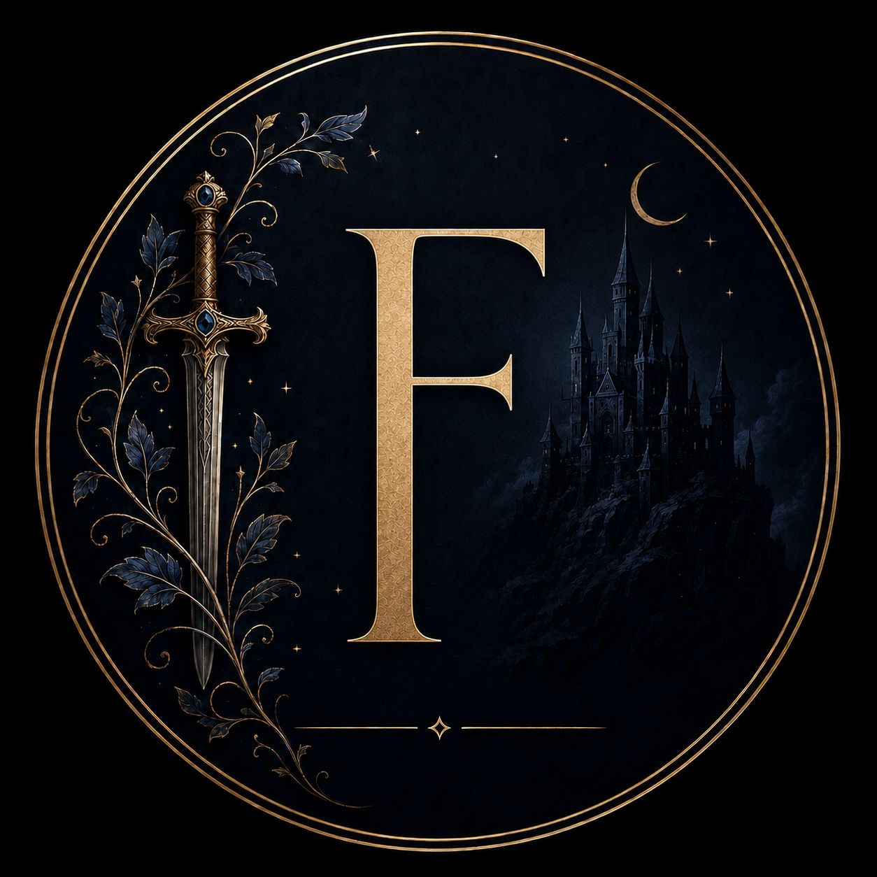 Fantasy genre icon homepage, gold F, downward pointing sword with leaf embellishment, castle and moon