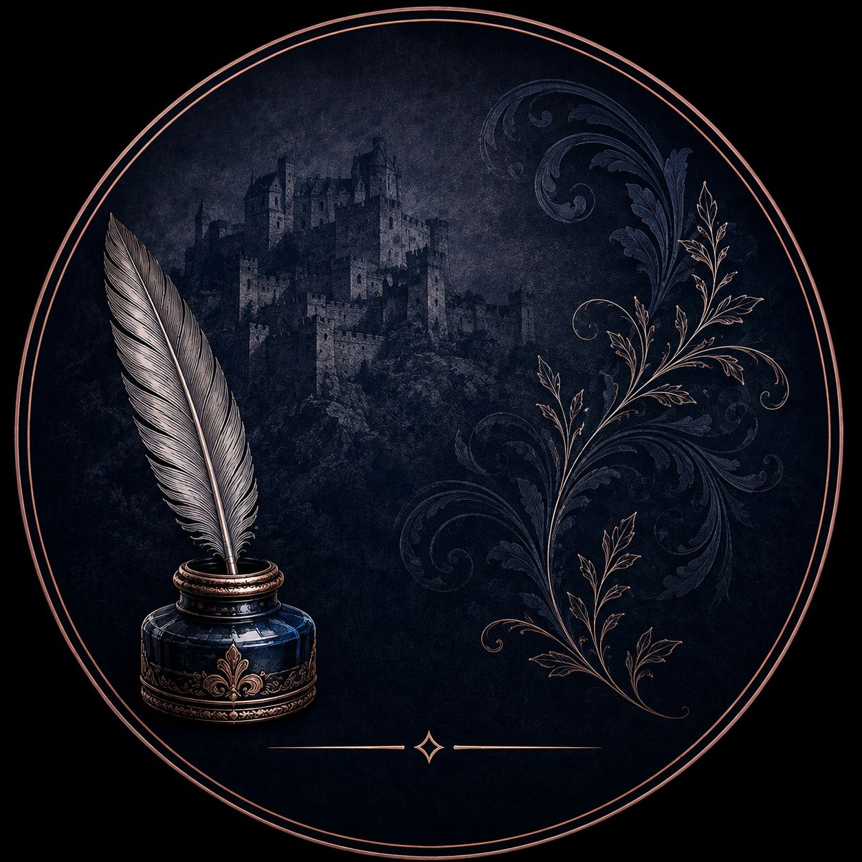 Historical Fiction genre icon homepage quill and ink pot, castle, leaf embellishment