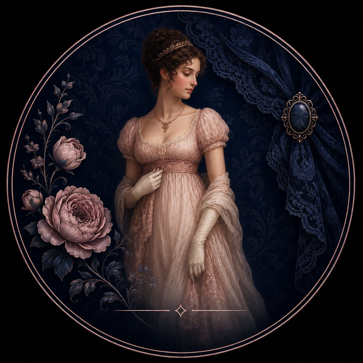 Historical Romance genre icon homepage, woman in pink regency gown, pink circle, roses, blue lace