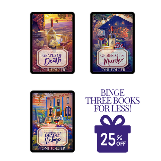 Joni Folger River Bend Vineyard Cozy Mystery series three book bundle, 25% off 