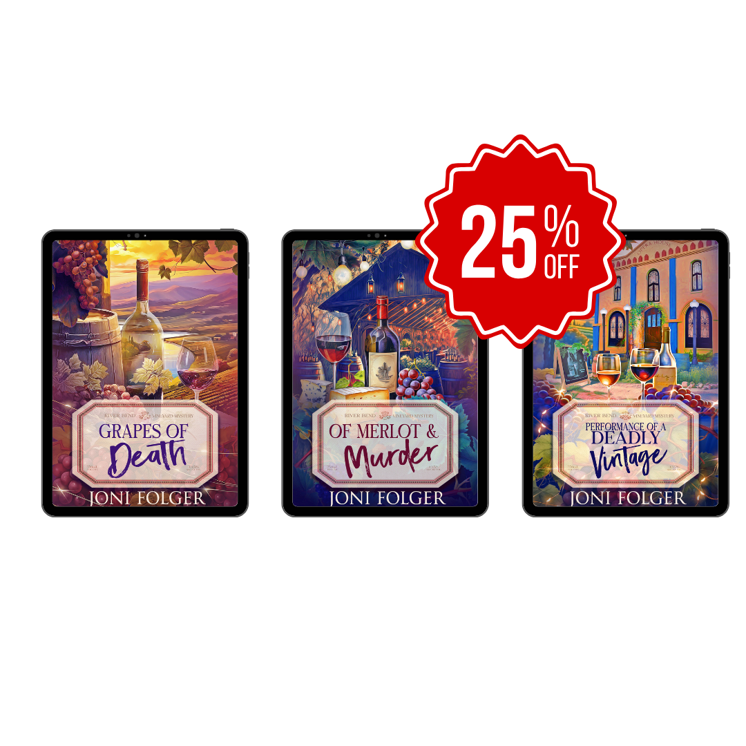 Joni Folger River Bend Vineyard Cozy Mystery series three book bundle, 25% off 