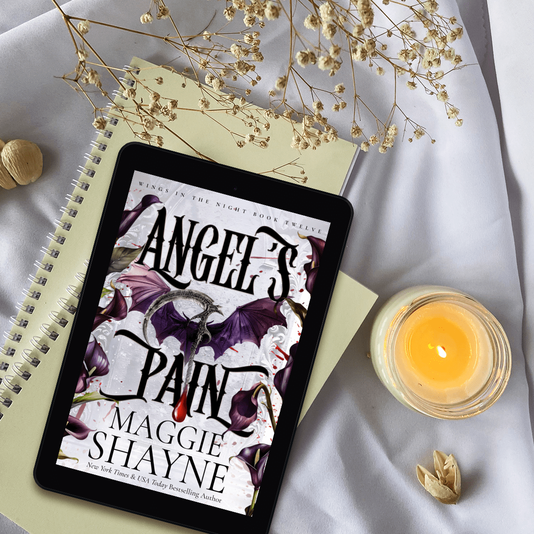 Maggie Shayne's Angel's Pain Lifestyle 1 ebook cover on notebooks, flowers, candle