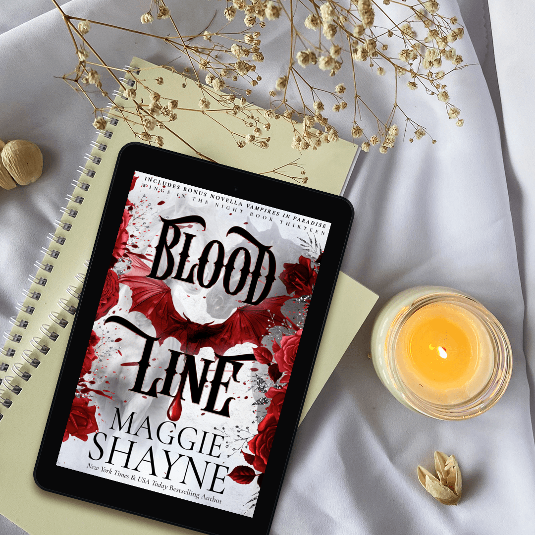 Maggie Shayne's Bloodline Lifestyle 1 ebook cover, candle, notebooks, flowers