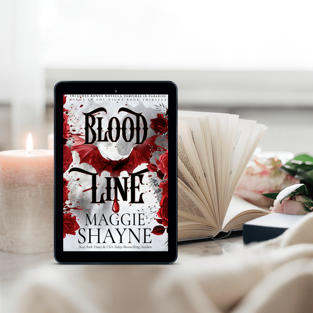 Maggie Shayne's Bloodline Lifestyle 2 ebook cover, open book, flowers, candle