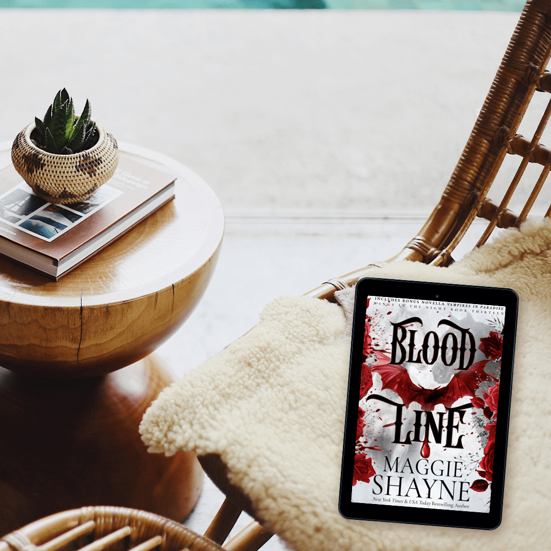 Maggie Shayne's Bloodline Lifestyle 3 ebook cover, blanket, wicker chair, coffee table, cactus, books