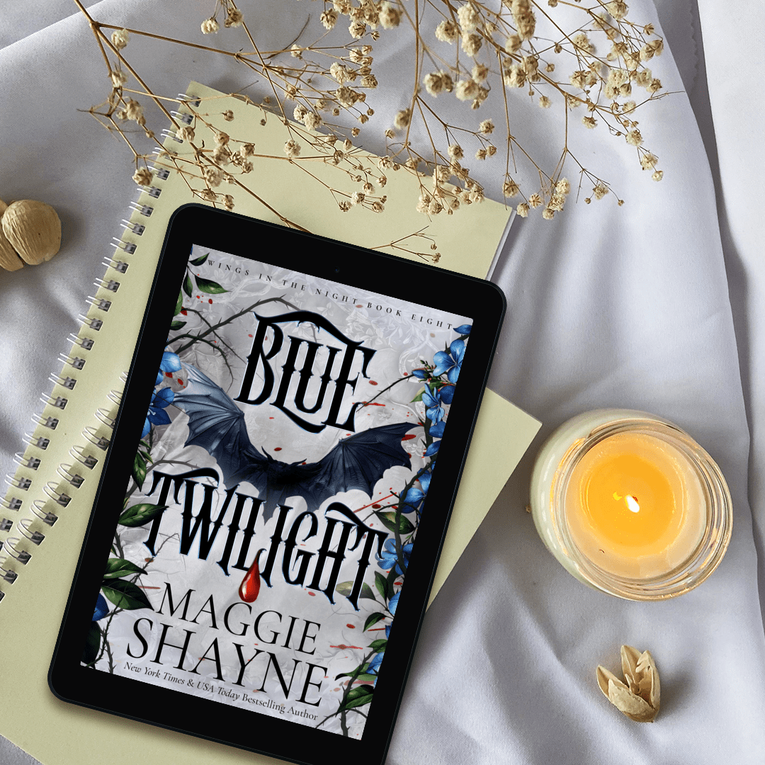 Maggie Shayne's Blue Twilight Lifestyle 1 ebook cover, candle, flowers, notebooks