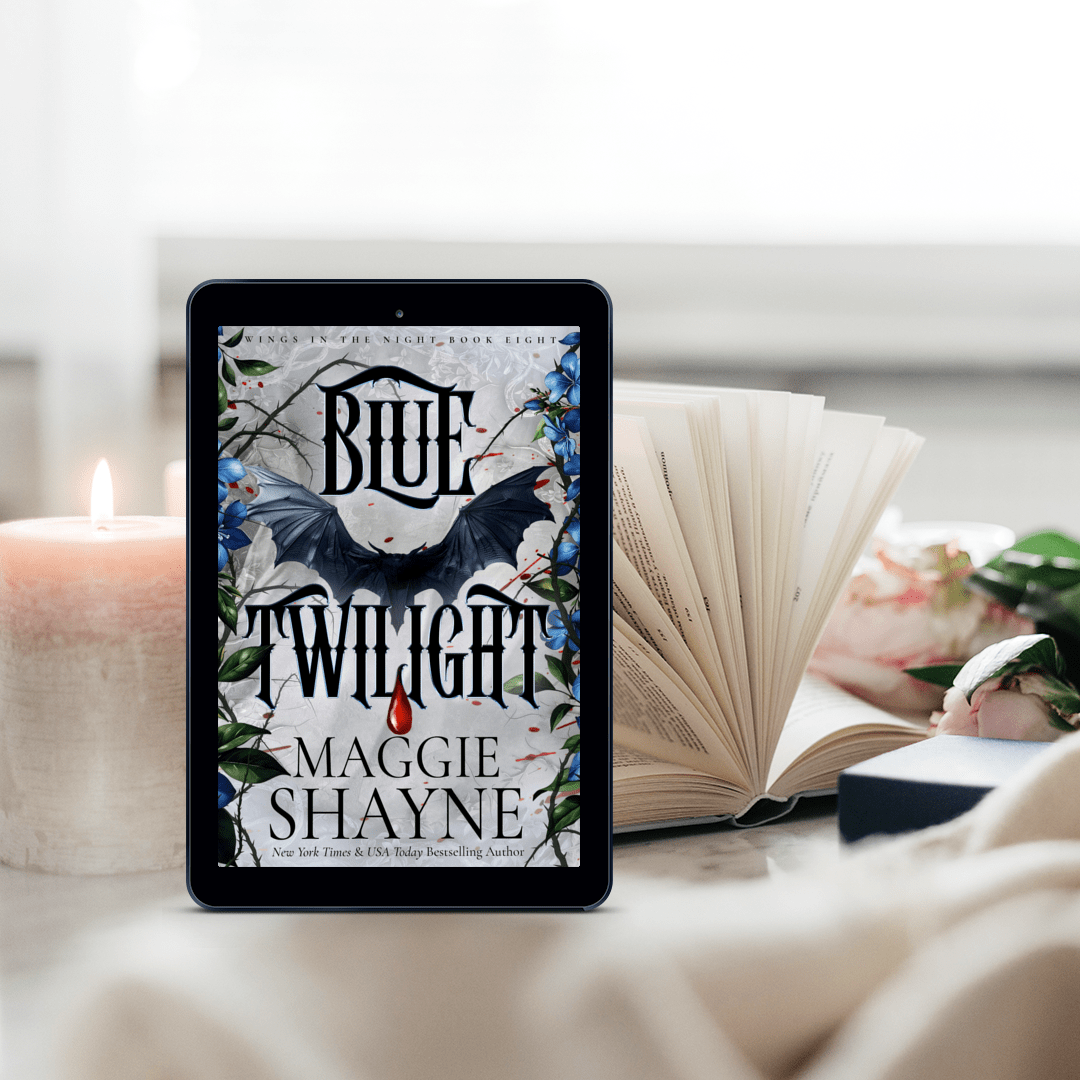 Maggie Shayne's Blue Twilight Lifestyle 2 ebook cover, candle, flowers, open book
