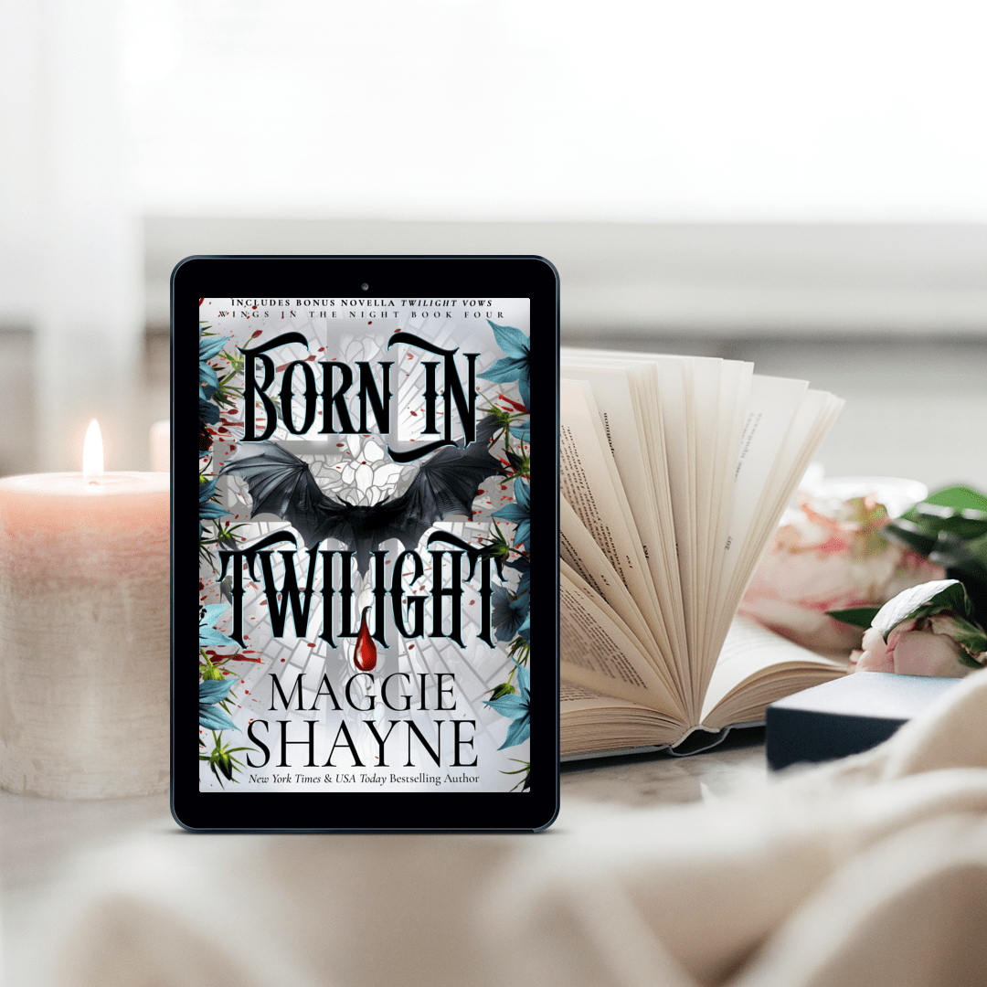 Maggie Shayne's Born in Twilight lifestyle 3 ebook on table with open book and candle