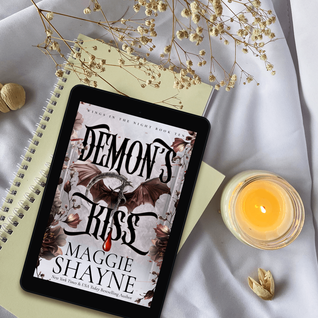 Maggie Shayne's Demon's Kiss Lifestyle 1 ebook cover, flowers, candle, notebooks