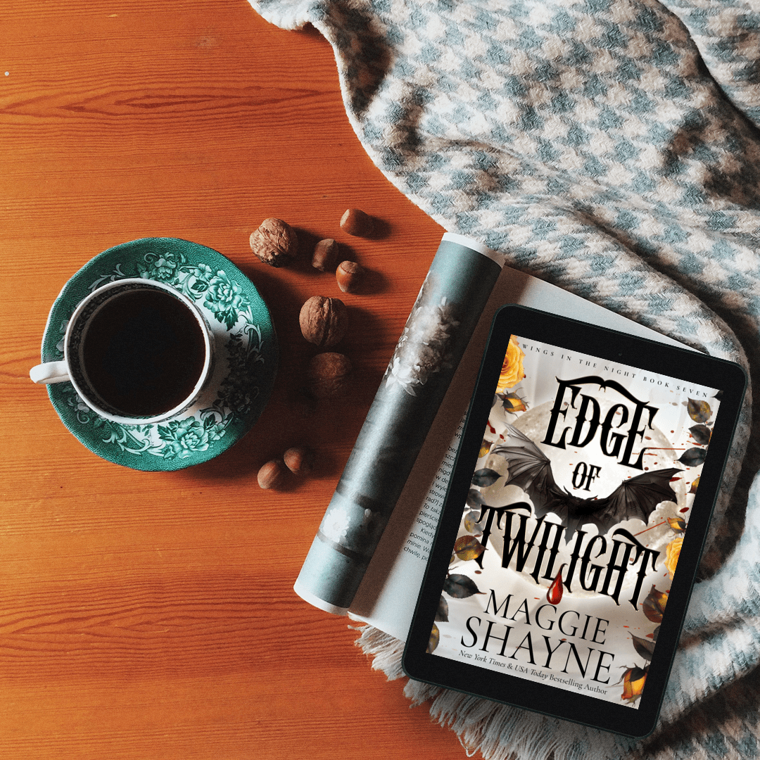Maggie Shayne's Edge of Twilight Lifestyle 1 coffee cup, blanket, nuts, open book