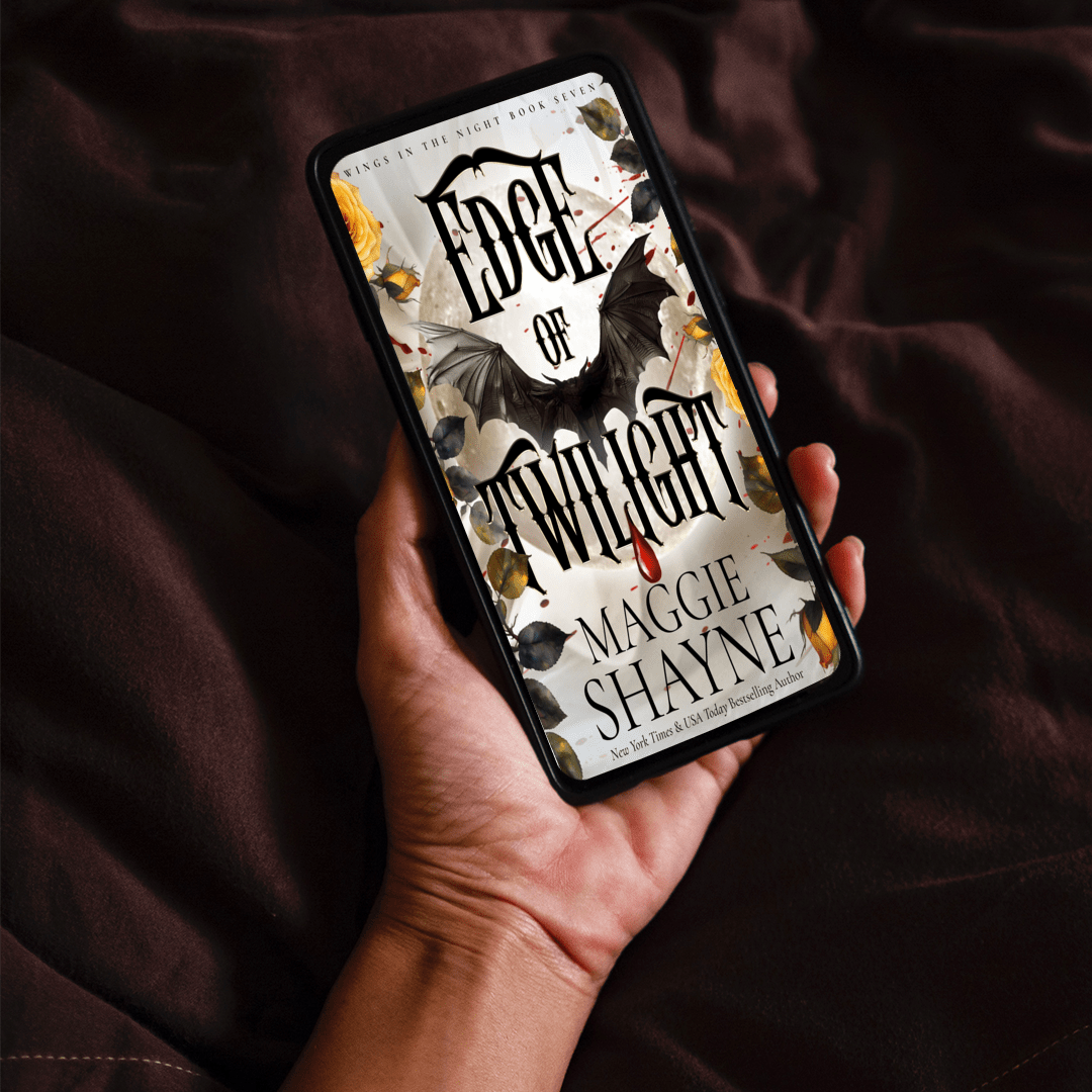 Maggie Shayne's Edge of Twilight Lifestyle 3 ebook in hand over dark background