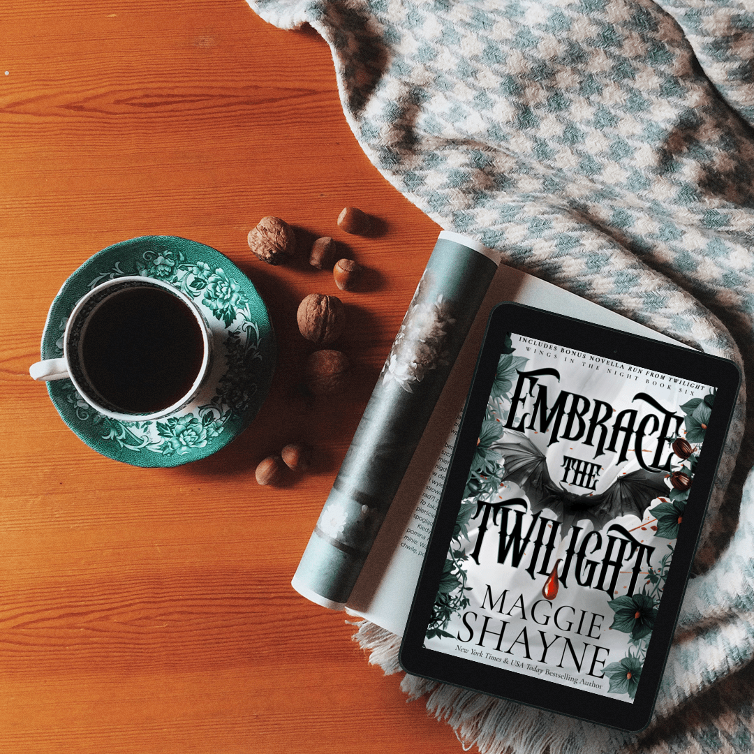 Maggie Shayne's Embrace the Twilight Lifestyle 1 blanket, coffee cup, nuts, open book