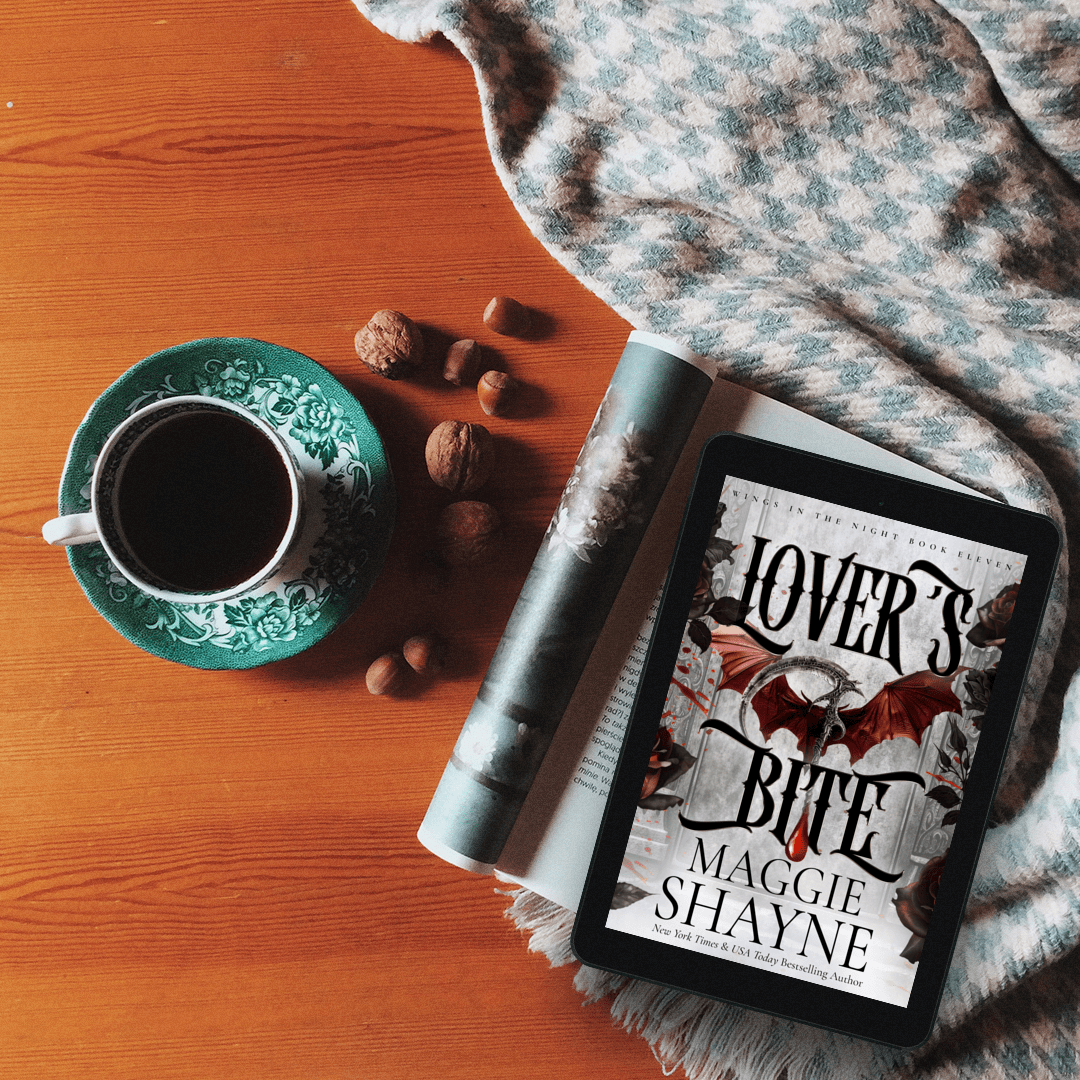 Maggie Shayne's Lover's Bite Lifestyle 1 coffee cup, nuts, blanket, ebook cover, open book