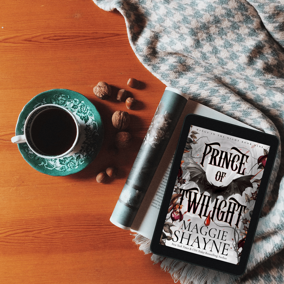 Maggie Shayne's Prince of Twilight Lifestyle 1 ebook cover, open book, blanket, coffee cup, nuts