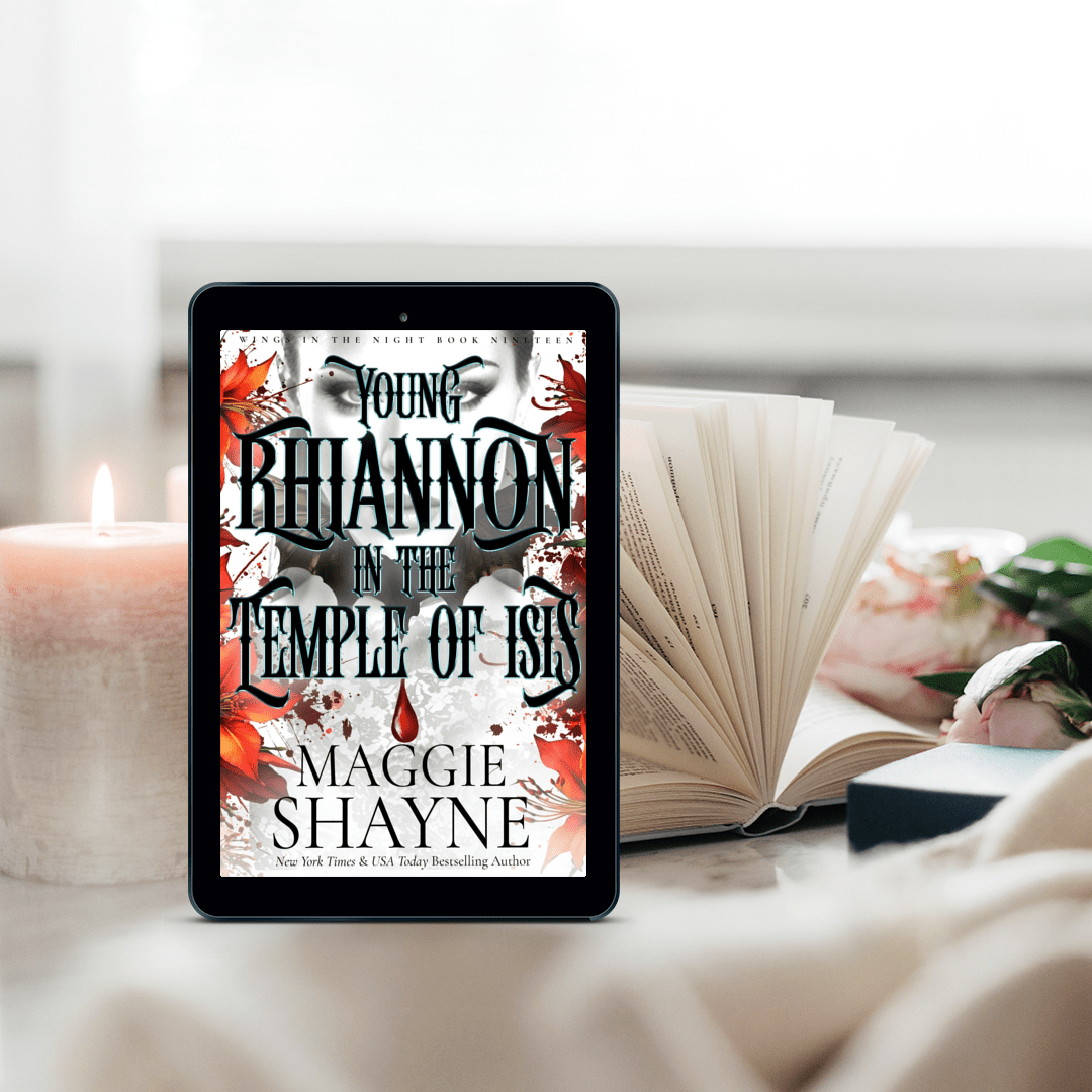 Maggie Shayne's The Rhiannon Chronicles Lifestyle 1 ebook cover, candle, open book, flowers
