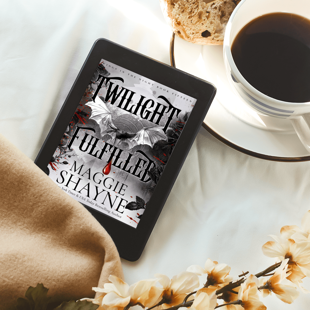 Maggie Shayne's Twilight Fulfilled Lifestyle 1 blanket, ebook cover, coffee cup, flower, scone