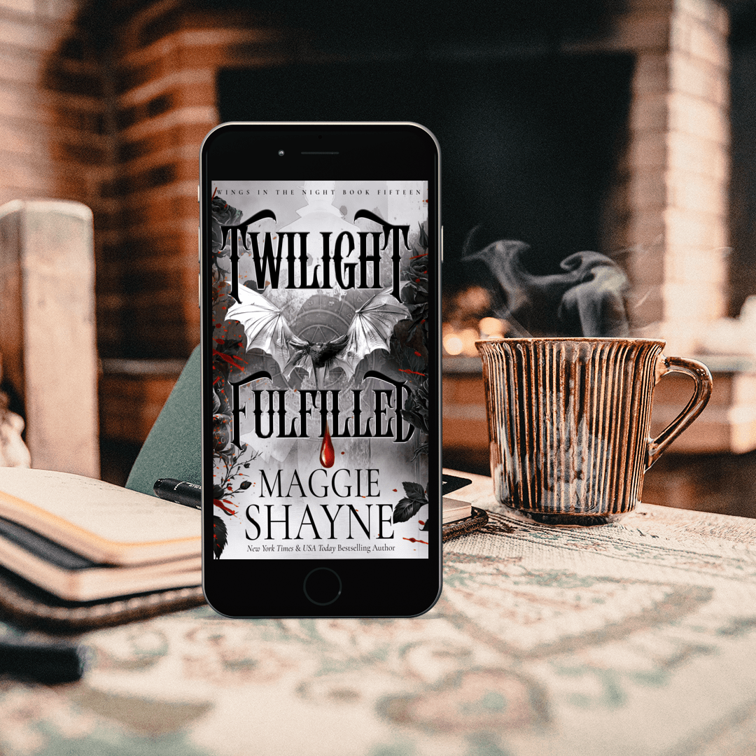 Maggie Shayne's Twilight Fulfilled Lifestyle 2 ebook cover, notebooks, coffee cup, table, fireplace