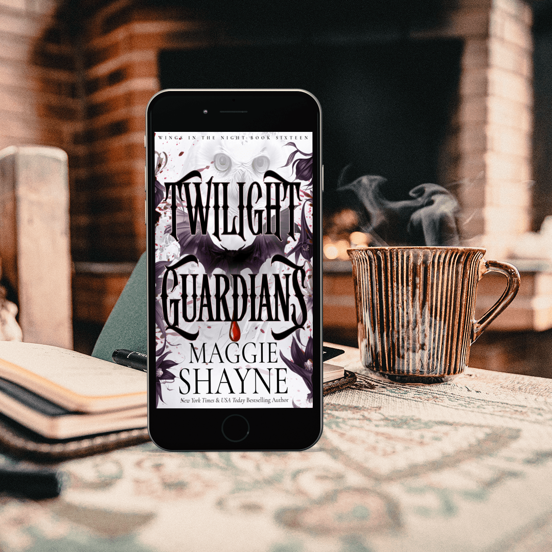 Maggie Shayne's Twilight Guardian Lifestyle 1 ebook cover, coffee cup, fireplace, notebook