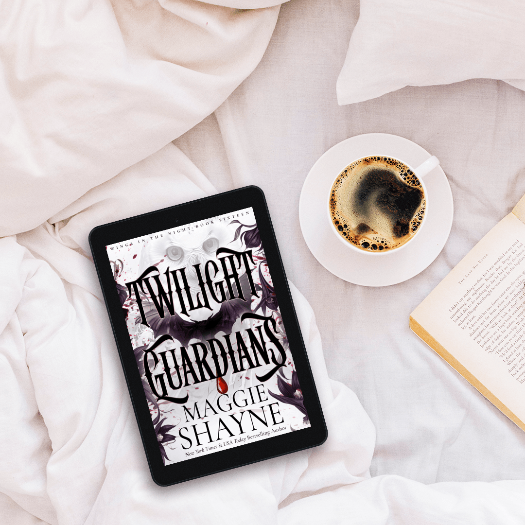 Maggie Shayne's Twilight Guardian Lifestyle 2 white sheets, book, ebook cover, coffee cup