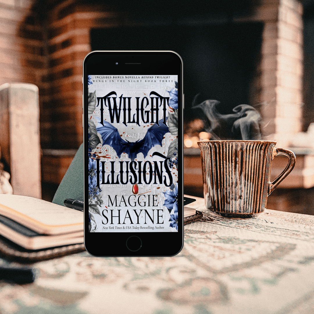 Maggie Shayne's Twilight Illusions lifestyle 2 coffee cup and fireplace