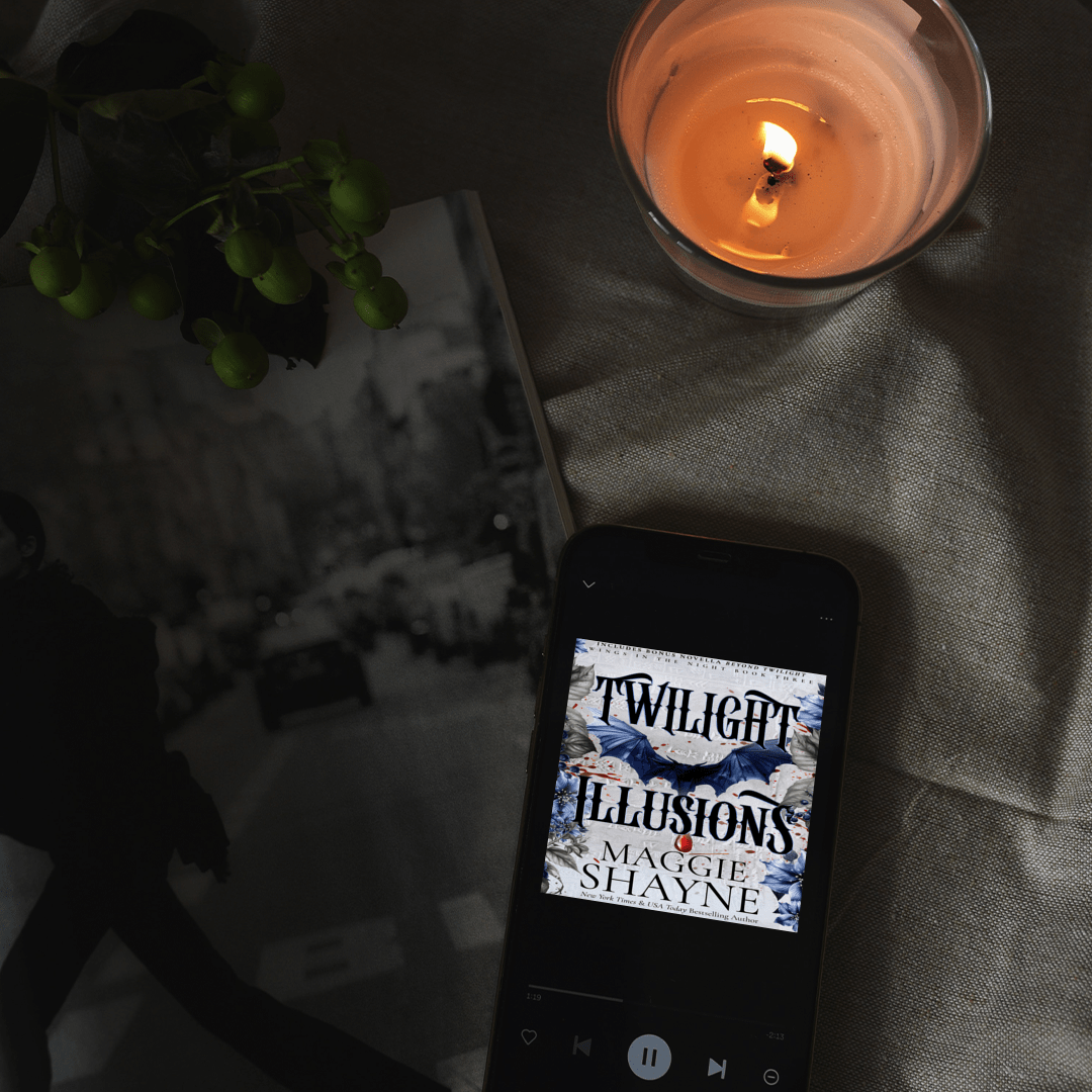 Maggie Shayne's Twilight Illusions lifestyle 3 black fabric and lit candle