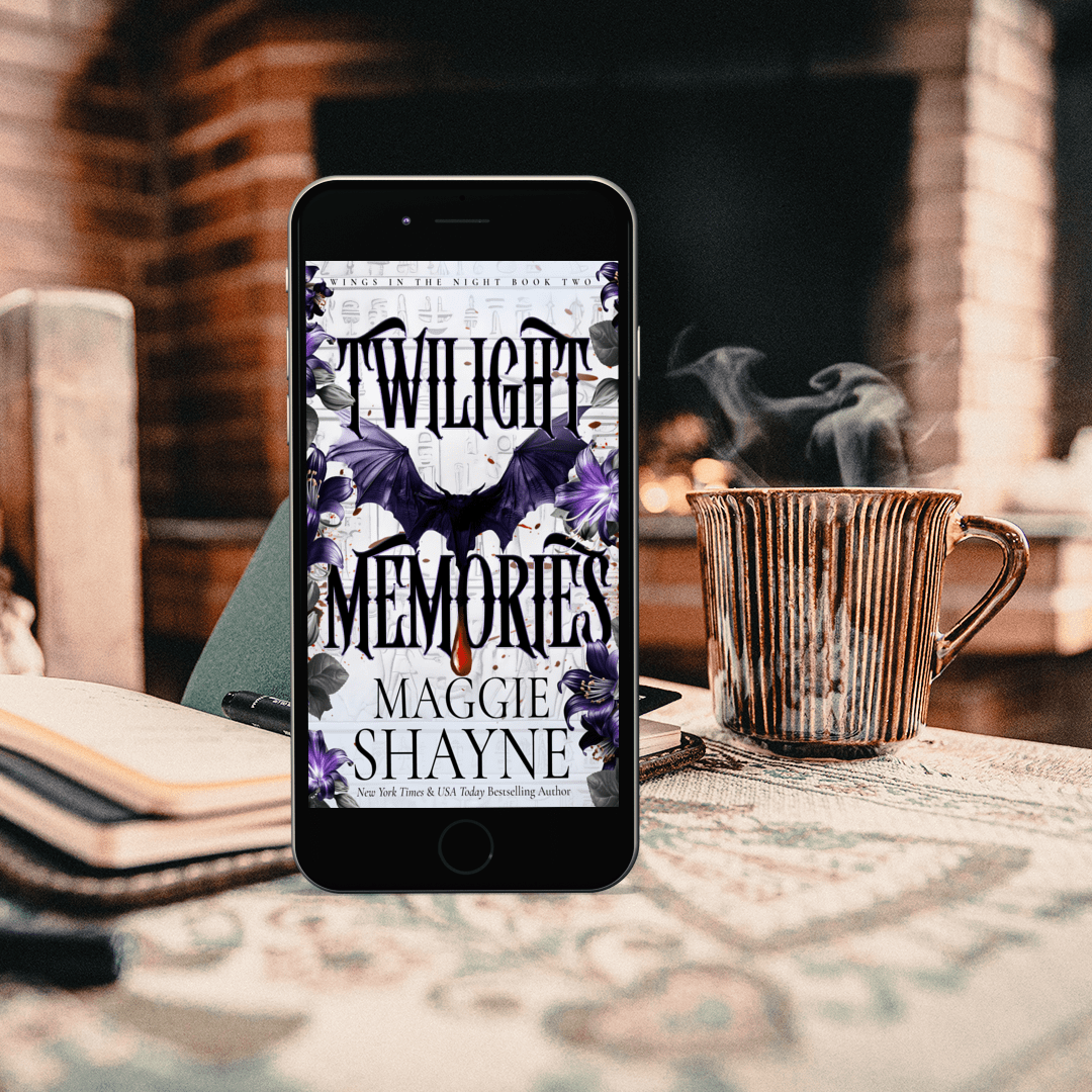 Maggie Shayne's Twilight Memories Lifestyle 2 standing up with coffee cup and fireplace