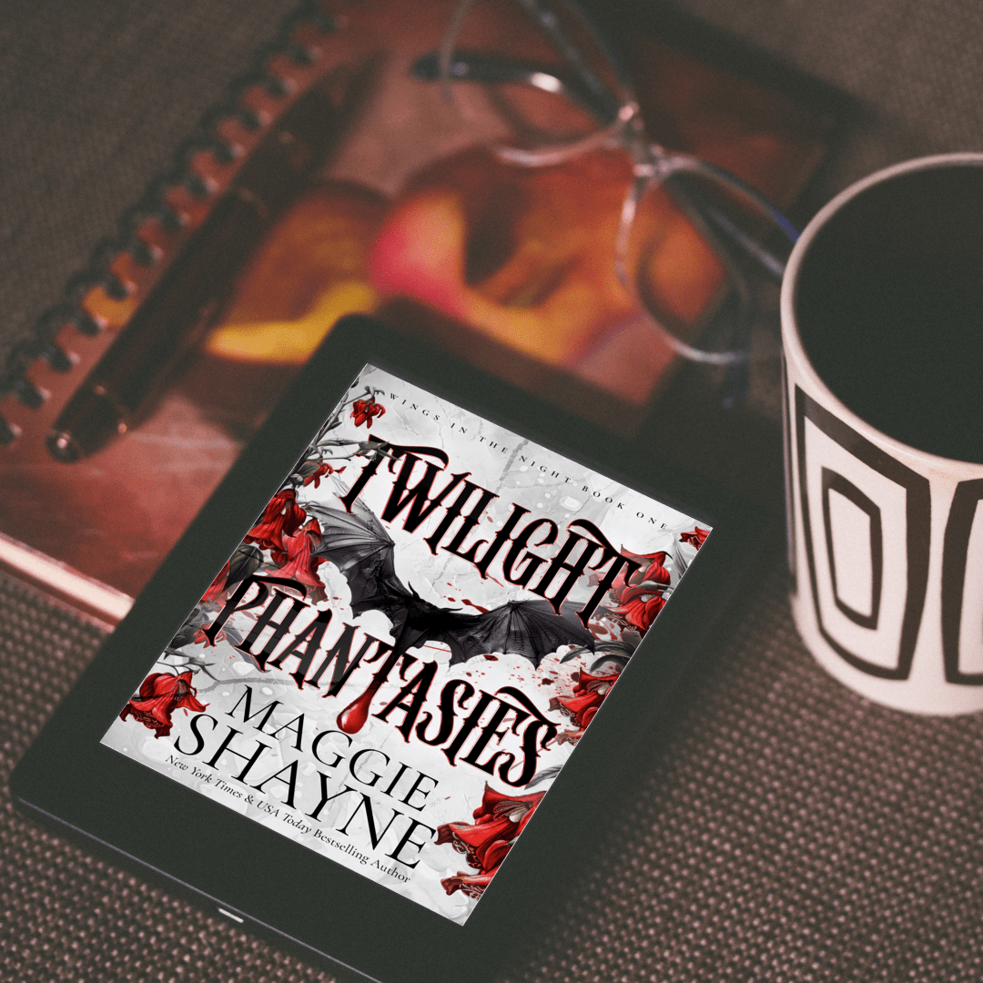 Maggie Shayne's Twilight Phantasies lifestyle 2 on table with cup, notebook, pen, glasses