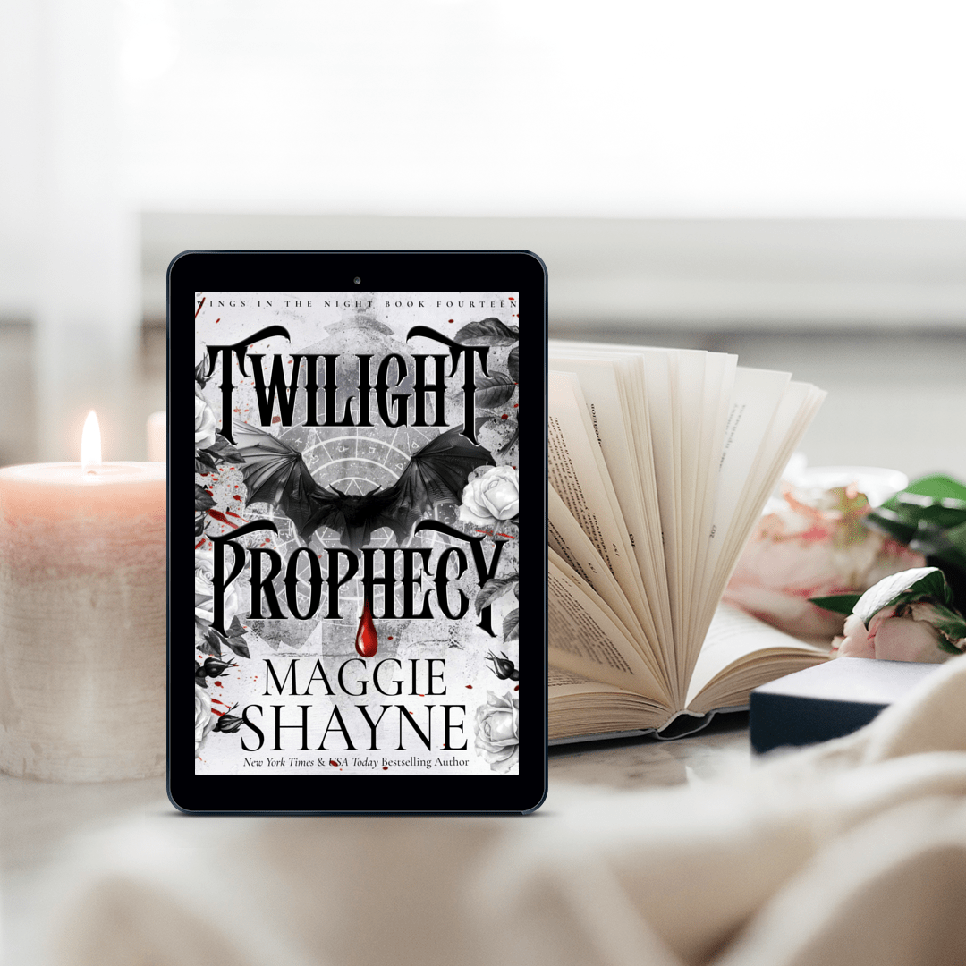 Maggie Shayne's Twilight Prophecy Lifestyle 1 ebook cover, open book, candle, flowers