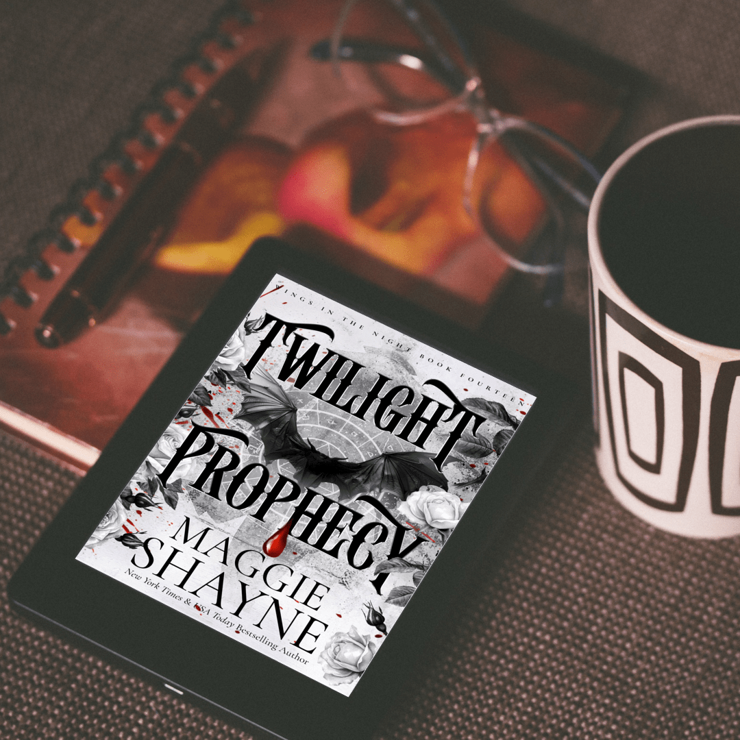 Maggie Shayne's Twilight Prophecy Lifestyle 2 ebook cover, pen, notebook, glasses, coffee cup