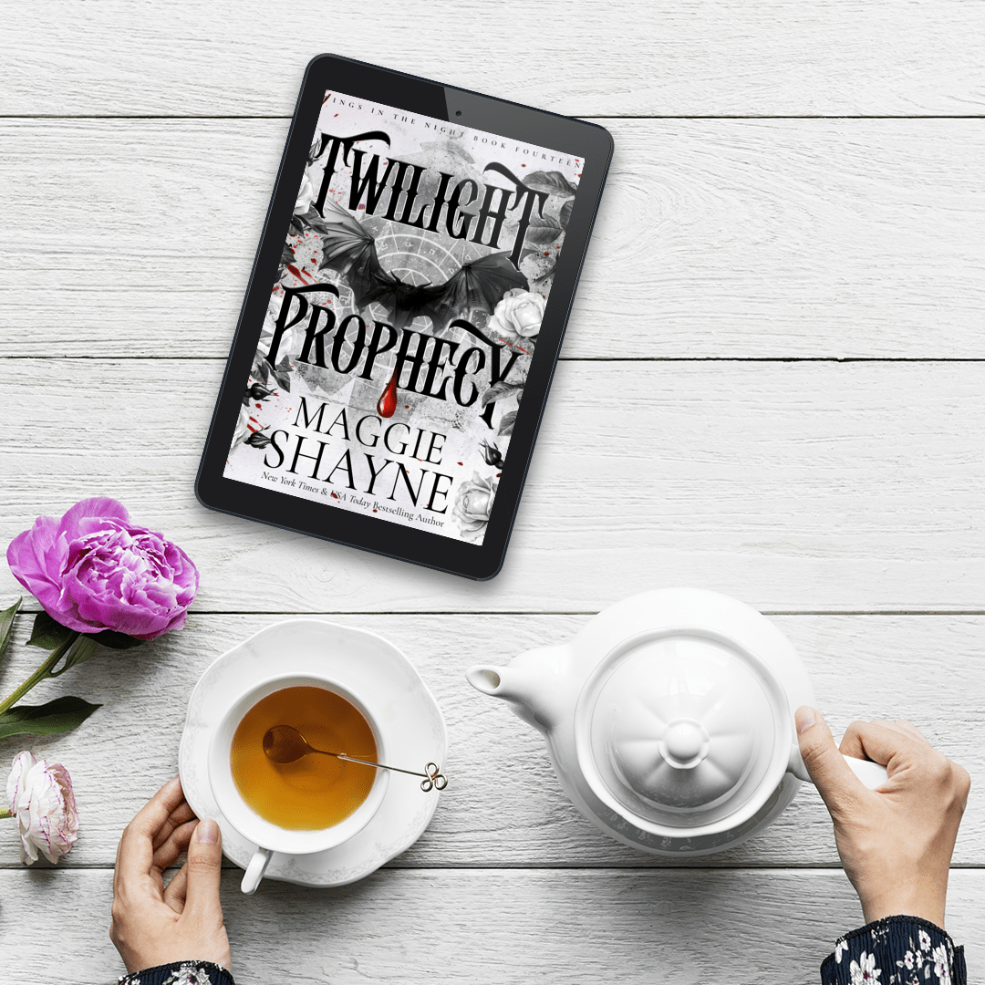 Maggie Shayne's Twilight Prophecy Lifestyle 3 ebook cover, flower, tea cup, hands, teapot