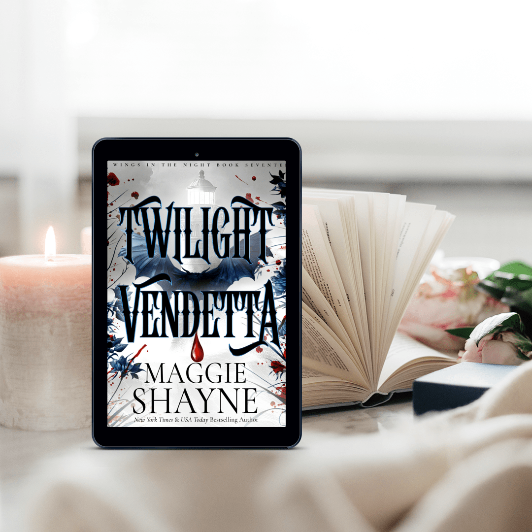 Maggie Shayne's Twilight Vendetta Lifestyle 1 candle, ebook cover, book open, flowers