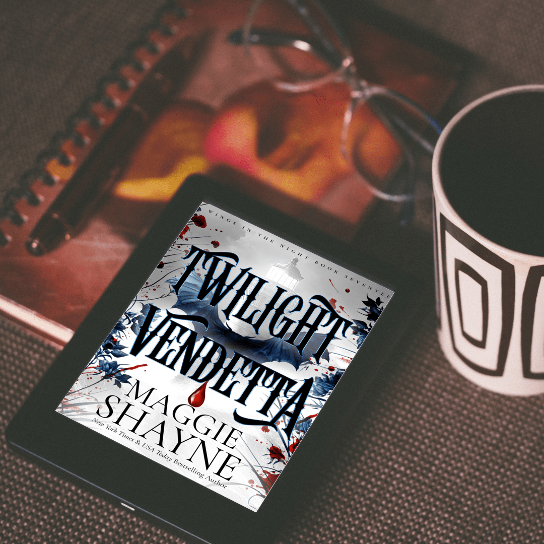 Maggie Shayne's Twilight Vendetta Lifestyle 2 ebook cover, coffee mug, glasses, pen, notebook