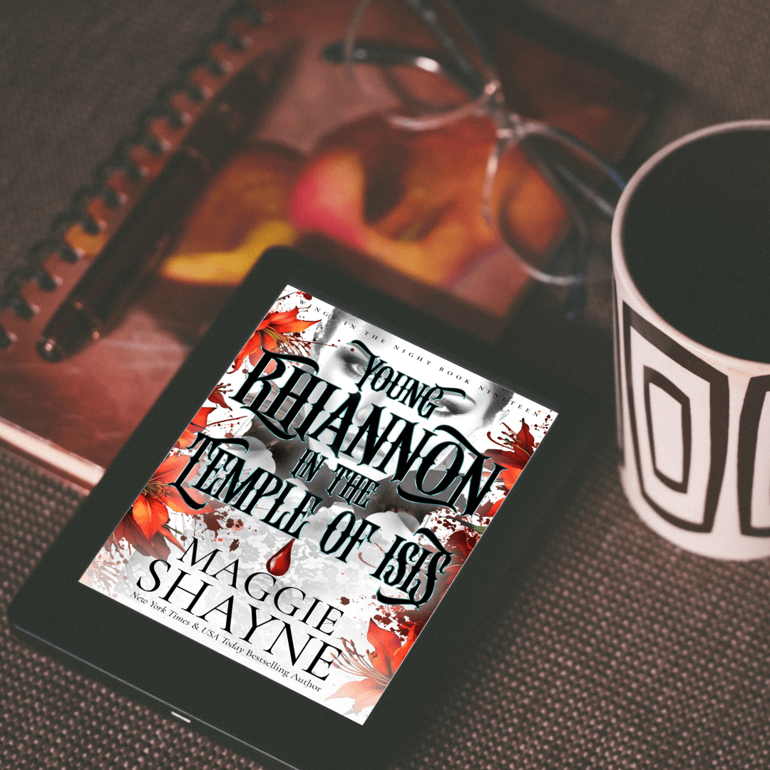 Maggie Shayne's Young Rhiannon in the Temple of Isis Lifestyle 2 ebook cover, coffee mug, glasses, pen, notebook